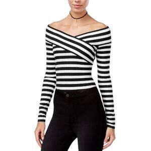 Material Girl Off Shoulder Striped Bodysuit Black White Long Sleeve M NWT